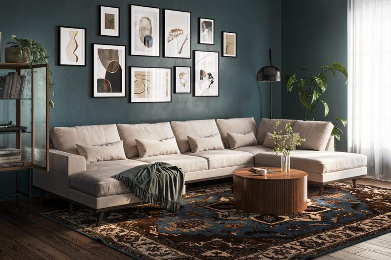 Copenhagen 5-seters Høyrevendt U-formet Large Sofa med Divan og Sjeselong i Fløyel - Beige - Møbler - Sofaer - U-sofa