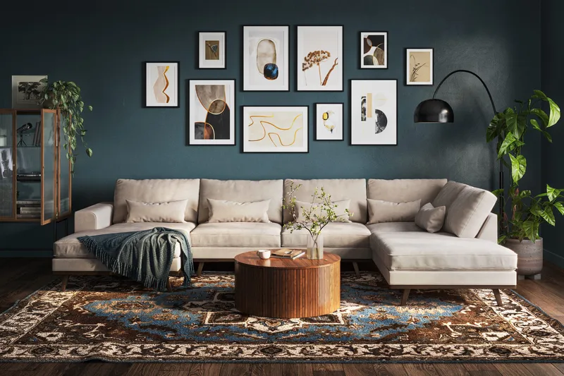 Copenhagen 5-seters Høyrevendt U-formet Large Sofa med Divan og Sjeselong i Fløyel - Beige - Møbler - Sofaer - U-sofa