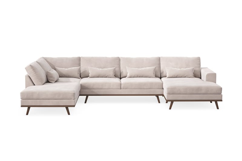 Copenhagen 5-seters venstrevendt stor U-formet sofa med divan og sjeselong i fløyel, Beige