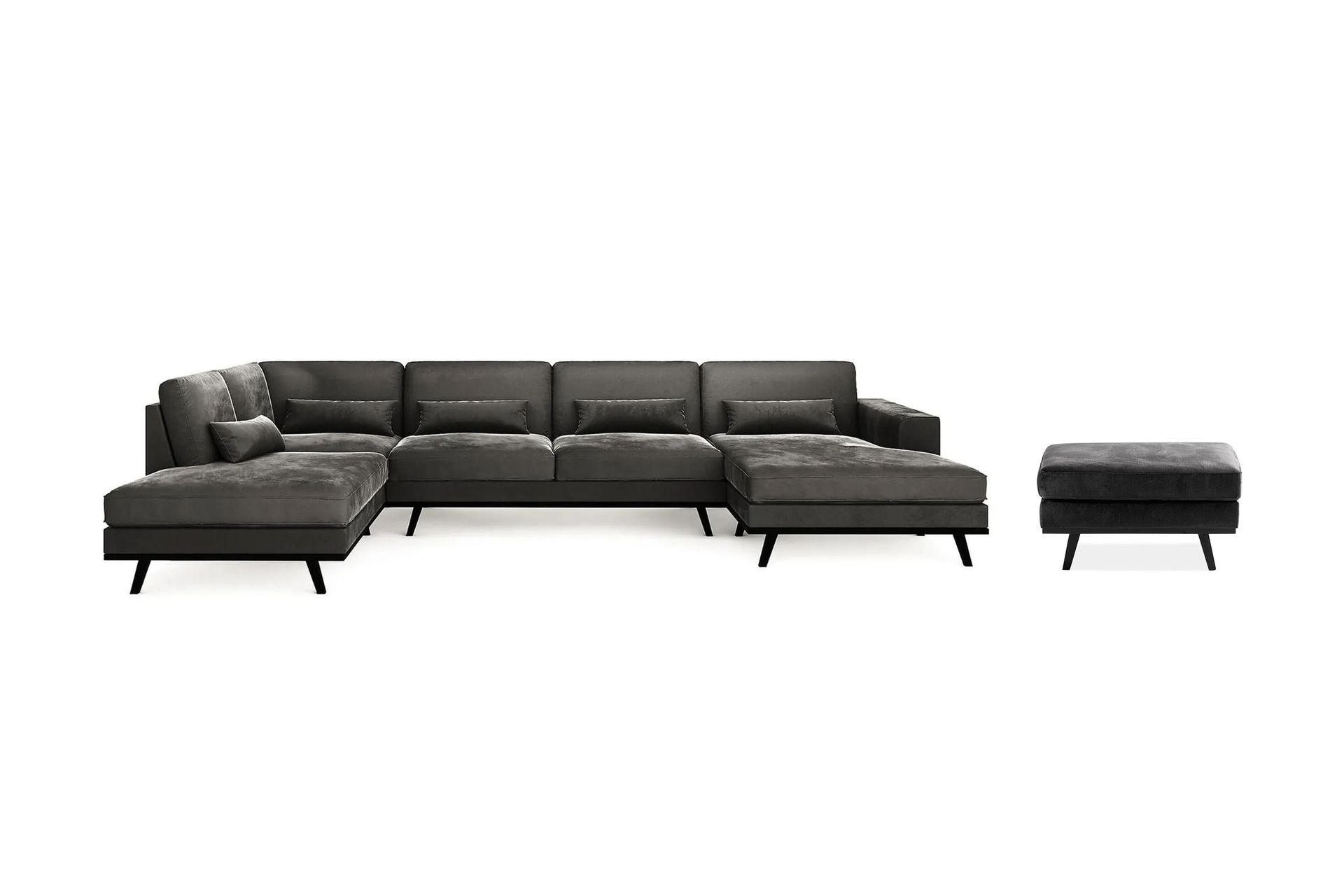 Copenhagen 5-seters Venstrevendt U-formet Sofa med Divan og Sjeselong + Fotskammel i Fløyel - Mørk grå - Møbler - Sofaer - Sofagrupper