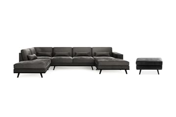 Copenhagen 5-seters Venstrevendt U-formet Sofa med Divan og Sjeselong + Fotskammel i Fløyel - Mørk grå - Møbler - Sofaer - Sofagrupper