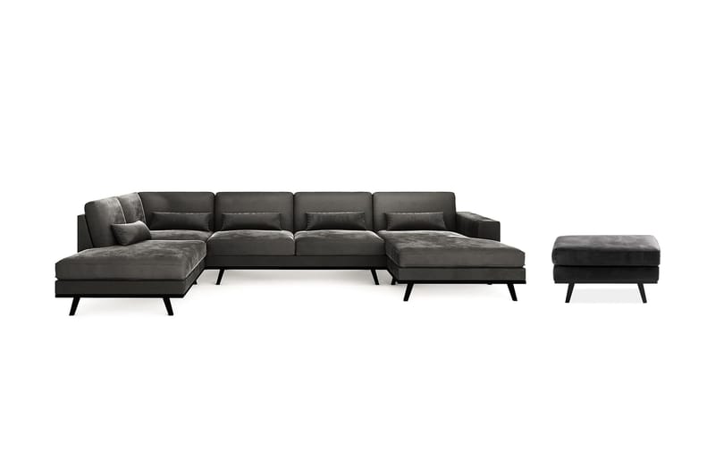 Copenhagen 5-seters Venstrevendt U-formet Sofa med Divan og Sjeselong + Fotskammel i Fløyel - Mørk grå - Møbler - Sofaer - Sofagrupper