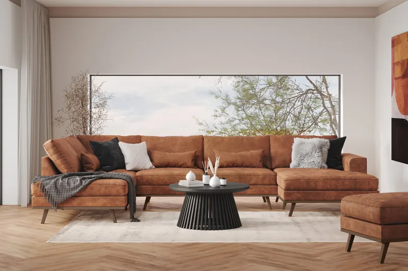 Copenhagen 5-seters Venstrevendt U-formet Sofa med Divan og Sjeselong i Kunstlær - Brun - Møbler - Sofaer - Skinnsofaer