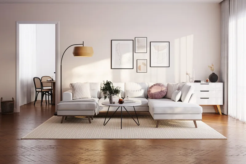 Copenhagen Compact 4-seters Høyrevendt U-formet Large Sofa med Divan og Sjeselong i Stoff - Lys grå - Møbler - Sofaer - U-sofa