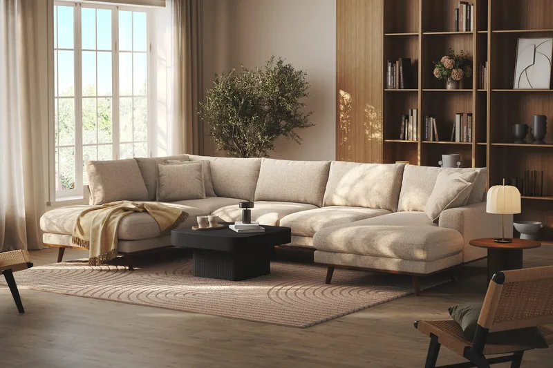 Copenhagen Premium 5-personers Venstrevendt U-formet Dyb Sofa med Divan og Chaiselong i Chenille - Beige - Møbler - Sofaer - U-sofa