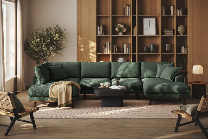 Copenhagen Premium 5-personers Venstrevendt U-formet Dyb Sofa med Divan og Chaiselong i Stoff - Grön - Møbler - Sofaer - U-sofa