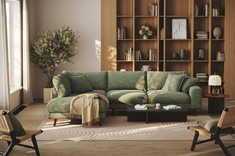 Copenhagen Premium 4-personers Venstrevendt L-formet Dyb Chaiselongsofa i Chenille - Grøn - Møbler - Sofaer - Sofa med sjeselong