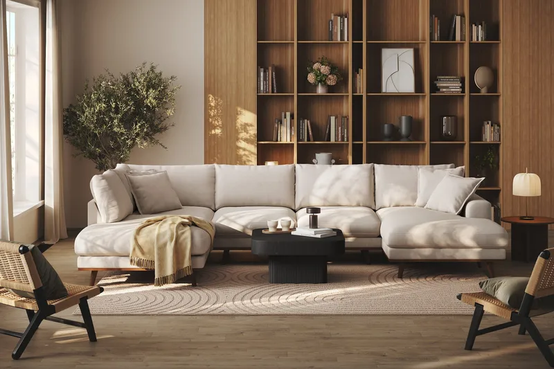 Copenhagen Premium 5-personers Venstrevendt U-formet Dyb Sofa med Divan og Chaiselong i Stoff - Beige - Møbler - Sofaer - U-sofa
