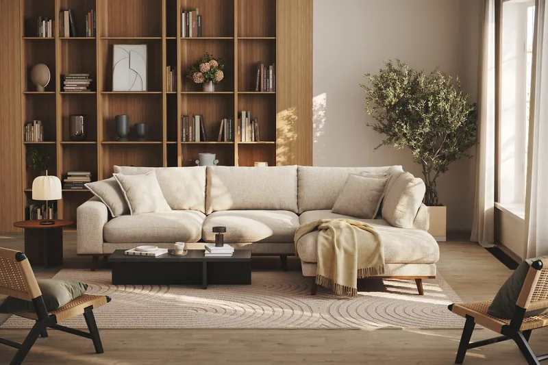 Copenhagen Premium 4-personers Højrevendt L-formet Dyb Chaiselongsofa i Chenille - Beige - Møbler - Sofaer - Sofa med sjeselong