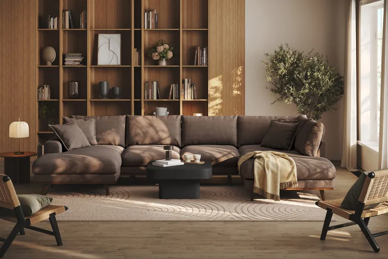 Copenhagen Premium 5-personers Højrevendt U-formet Dyb Sofa med Divan og Chaiselong i Stoff - Mørkebrun - Møbler - Sofaer - U-sofa