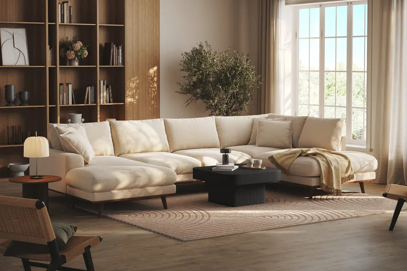 Copenhagen Premium 5-personers Højrevendt U-formet Dyb Sofa med Divan og Chaiselong i Chenille - Lys beige - Møbler - Sofaer - U-sofa