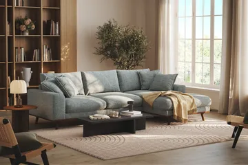 Copenhagen Premium 4-personers Højrevendt L-formet Dyb Divansofa i Chenille - Grå/blå - Møbler - Sofaer - Sofa med sjeselong
