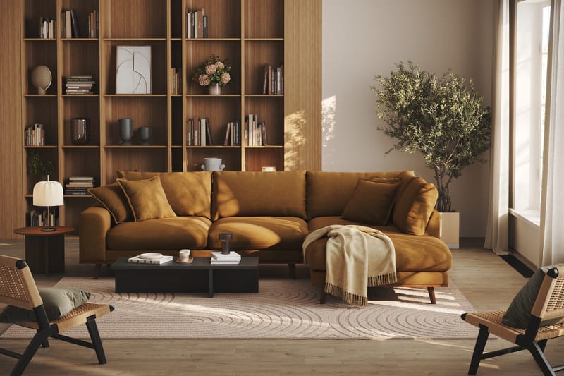 Copenhagen Premium 4-personers Højrevendt L-formet Dyb Chaiselongsofa i Stof - Sennepsgul - Møbler - Sofaer - Sofa med sjeselong