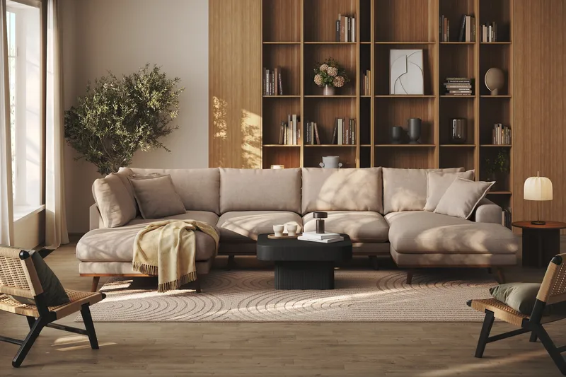 Copenhagen Premium 5-personers Venstrevendt U-formet Dyb Sofa med Divan og Chaiselong i Stoff - Lyse brun - Møbler - Sofaer - U-sofa
