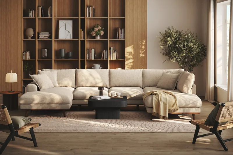 Copenhagen Premium 5-personers Højrevendt U-formet Dyb Sofa med Divan og Chaiselong i Chenille - Beige - Møbler - Sofaer - U-sofa
