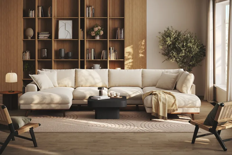 Copenhagen Premium 5-personers Højrevendt U-formet Dyb Sofa med Divan og Chaiselong i Chenille - Lys beige - Møbler - Sofaer - U-sofa