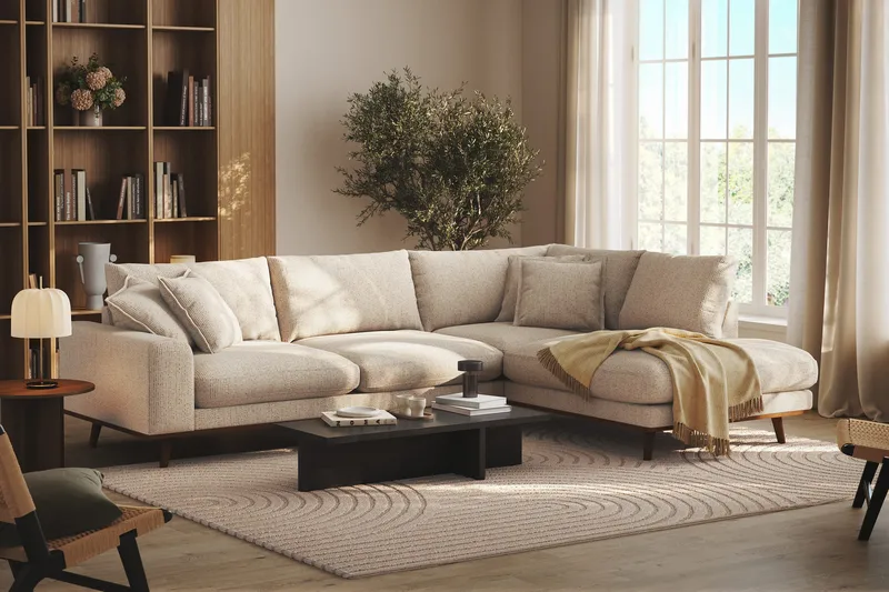 Copenhagen Premium 4-personers Højrevendt L-formet Dyb Chaiselongsofa i Chenille - Beige - Møbler - Sofaer - Sofa med sjeselong