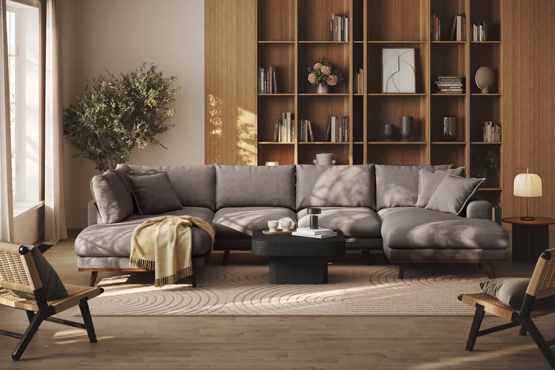 Copenhagen Premium 5-personers Venstrevendt U-formet Dyb Sofa med Divan og Chaiselong i Stoff - Brun - Møbler - Sofaer - U-sofa