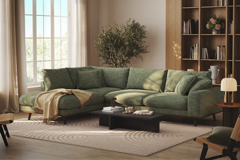 Copenhagen Premium 4-personers Venstrevendt L-formet Dyb Chaiselongsofa i Chenille - Grøn - Møbler - Sofaer - Sofa med sjeselong