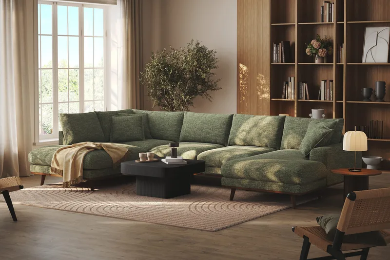 Copenhagen Premium 5-personers Venstrevendt U-formet Dyb Sofa med Divan og Chaiselong i Chenille - Grøn - Møbler - Sofaer - U-sofa