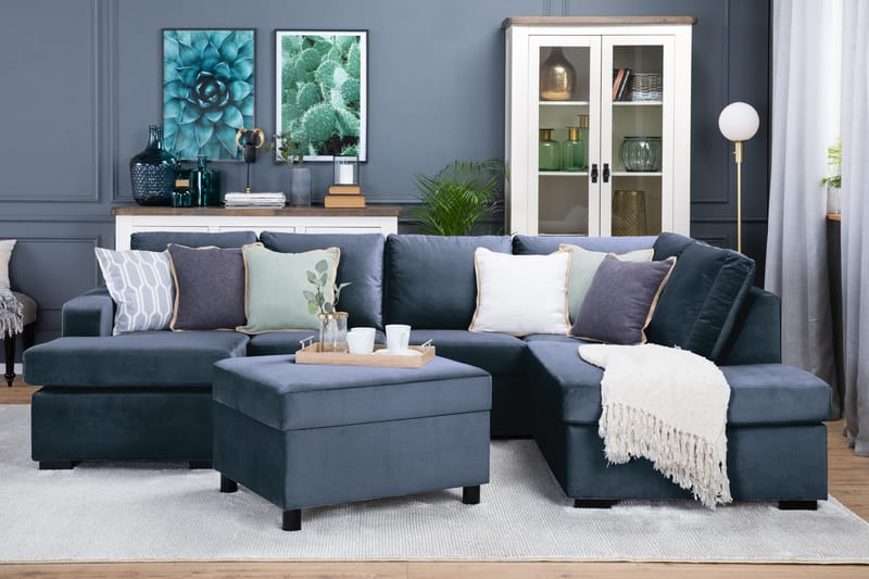 Crazy 4-seters Høyrevendt U-formet Large Sofa med Divan og Sjeselong i Fløyel - Blå - Møbler - Sofaer - U-sofa