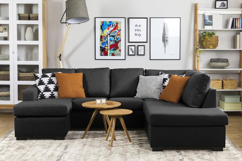 Crazy 4-seters Høyrevendt U-formet Large Sofa med Divan og Sjeselong i Stoff - Antrasitt - Møbler - Sofaer - U-sofa