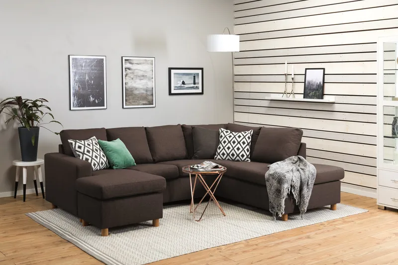 Crazy 4-seters Høyrevendt U-formet Small Sofa med Divan og Sjeselong i Stoff - Brun - Møbler - Sofaer - U-sofa