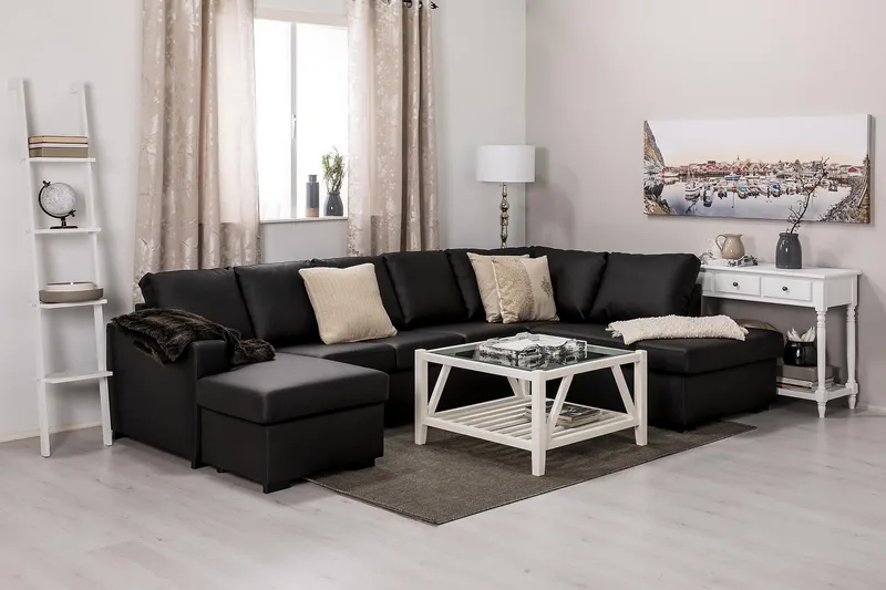 Crazy 5-seters Høyrevendt U-formet X-Large Sofa med Divan og Sjeselong i Kunstlær - Svart - Møbler - Sofaer - Skinnsofaer