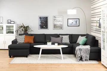 Crazy 5-seters Høyrevendt U-formet X-Large Sofa med Divan og Sjeselong i Stoff - Antrasitt - Møbler - Sofaer - U-sofa
