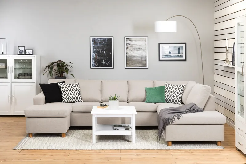 Crazy 5-seters Høyrevendt U-formet X-Large Sofa med Divan og Sjeselong i Stoff - Beige - Møbler - Sofaer - U-sofa