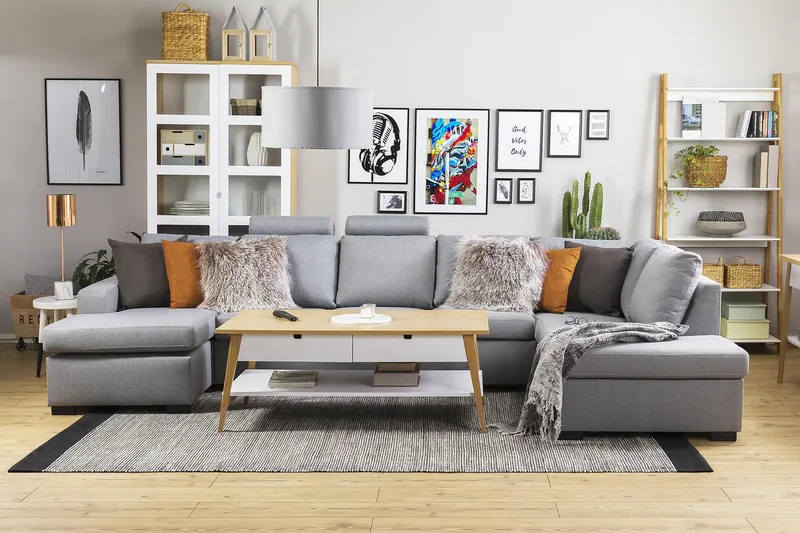 Crazy 5-seters Høyrevendt U-formet X-Large Sofa med Divan og Sjeselong i Stoff - Grå - Møbler - Sofaer - U-sofa