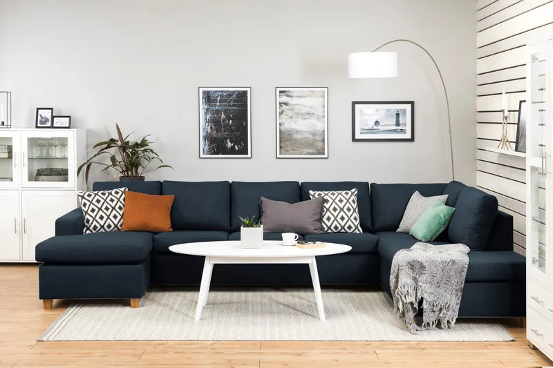 Crazy 5-seters Høyrevendt U-formet X-Large Sofa med Divan og Sjeselong i Stoff - Mørkeblå - Møbler - Sofaer - U-sofa