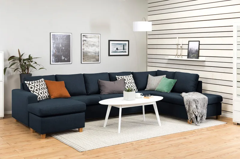 Crazy 5-seters Høyrevendt U-formet X-Large Sofa med Divan og Sjeselong i Stoff - Mørkeblå - Møbler - Sofaer - U-sofa