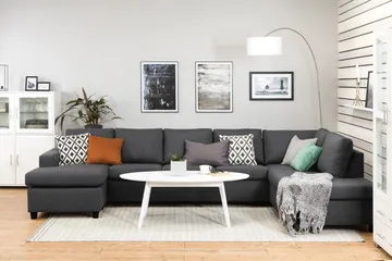 Crazy 5-seters Høyrevendt U-formet X-Large Sofa med Divan og Sjeselong i Stoff - Mørkegrå - Møbler - Sofaer - U-sofa