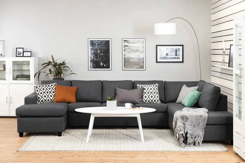Crazy 5-seters Høyrevendt U-formet X-Large Sofa med Divan og Sjeselong i Stoff - Mørkegrå - Møbler - Sofaer - U-sofa