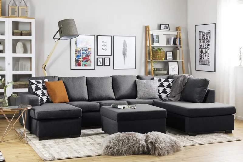 Crazy 5-seters Høyrevendt U-formet X-Large Sofa med Divan og Sjeselong i Stoff - Mørkegrå - Møbler - Sofaer - U-sofa