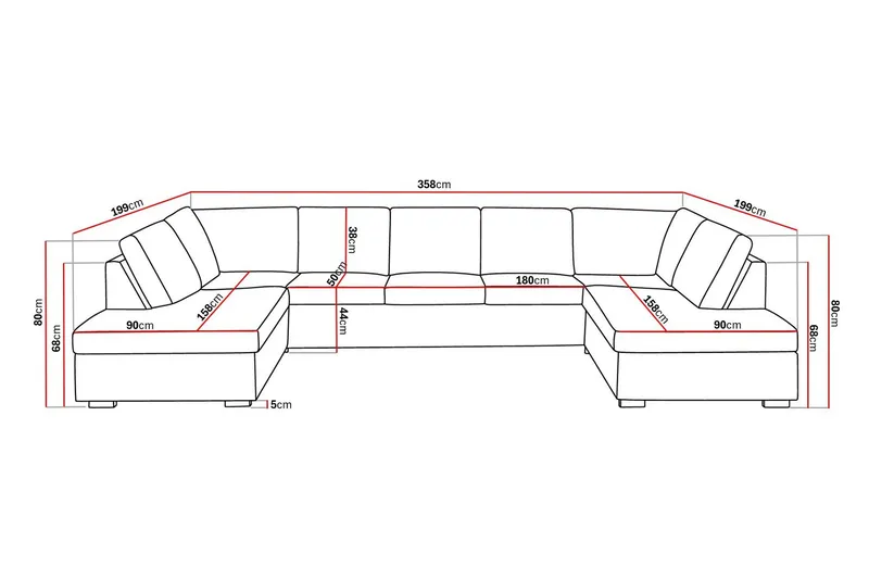 Crazy 5-seters U-formet Sofa med Dobbel Sjeselong i Kunstlær - Svart - Møbler - Sofaer - Skinnsofaer
