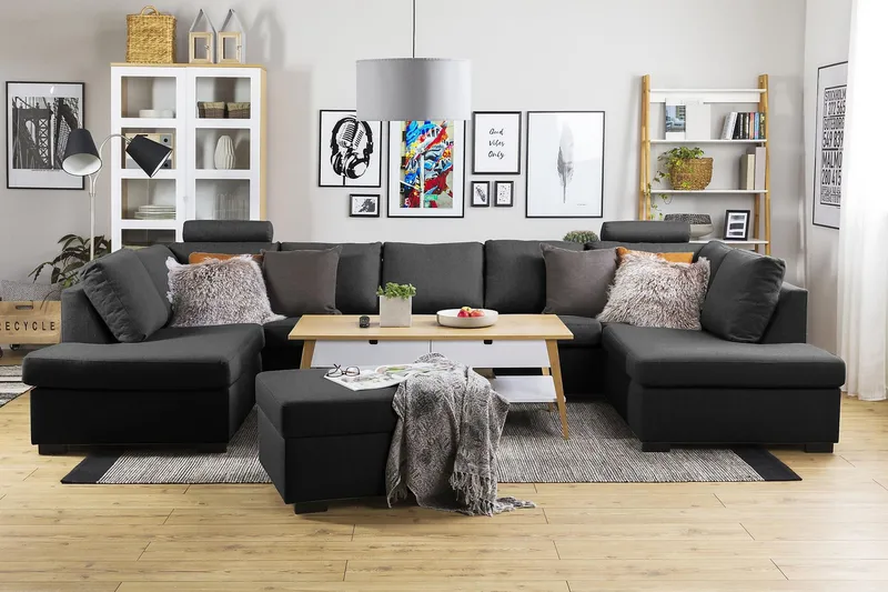 Crazy 5-seters U-formet Sofa med Dobbel Sjeselong i Stoff - Antrasitt - Møbler - Sofaer - U-sofa