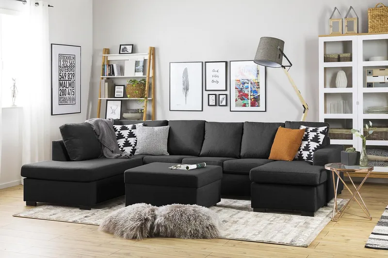 Crazy 5-seters Venstrevendt U-formet Sofa med Divan og Sjeselong i Stoff - Antrasitt - Møbler - Sofaer - U-sofa