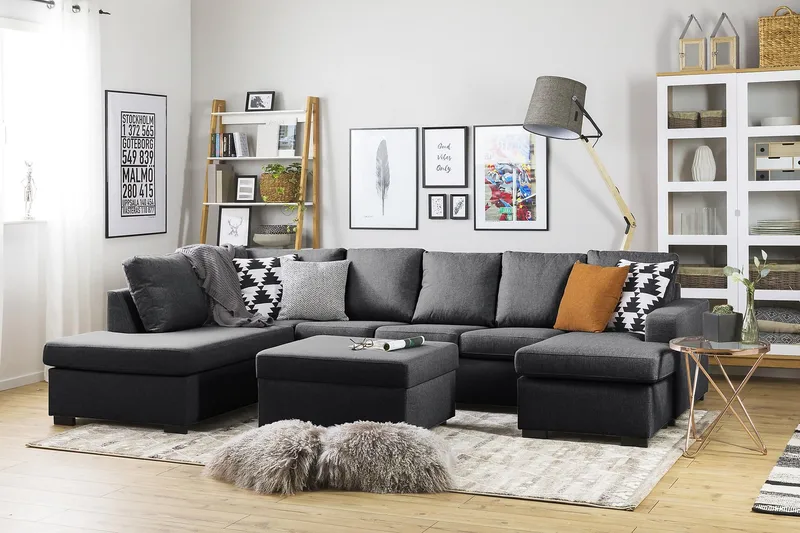 Crazy 5-seters Venstrevendt U-formet Sofa med Divan og Sjeselong i Stoff - Mørkegrå - Møbler - Sofaer - U-sofa