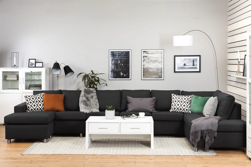 Crazy 6-seters Høyrevendt U-formet XX-Large Sofa med Divan og Sjeselong i Stoff - Antrasitt - Møbler - Sofaer - U-sofa