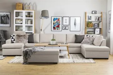 Crazy 6-seters Høyrevendt U-formet XX-Large Sofa med Divan og Sjeselong i Stoff - Beige - Møbler - Sofaer - U-sofa