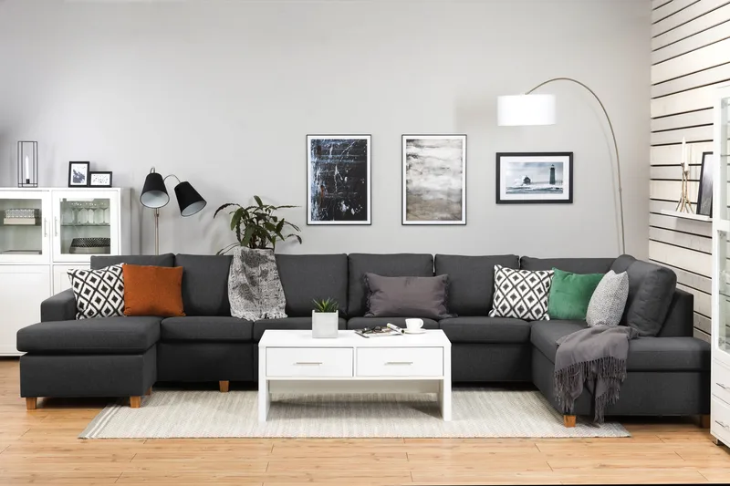 Crazy 6-seters Høyrevendt U-formet XX-Large Sofa med Divan og Sjeselong i Stoff - Mørkegrå - Møbler - Sofaer - U-sofa