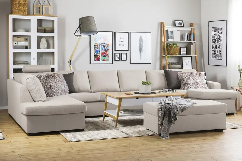 Crazy 6-seters Venstrevendt U-formet XX-Large Sofa med Divan og Sjeselong i Stoff - Beige - Møbler - Sofaer - U-sofa