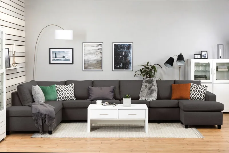 Crazy 6-seters Venstrevendt U-formet XX-Large Sofa med Divan og Sjeselong i Stoff - Mørkegrå - Møbler - Sofaer - U-sofa