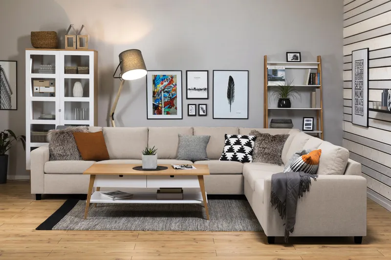 Crazy 7-seters vendbar L-formet ekstra ekstra stor hjørnesofa i stoff - Beige - Møbler - Sofaer - Hjørnesofa