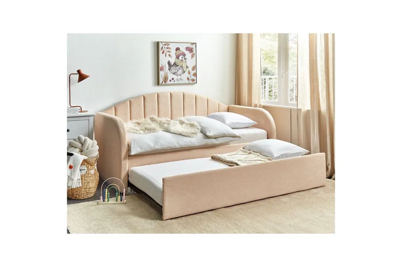 Dagbädd Beliani Eyburie med lamellram Beige, Bouclé Pink - Møbler - Senger - Gjesteseng & ekstraseng - Uttrekkbar seng