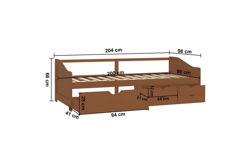 Sengeramme 3 seter med skuffer heltre furu 90x200 cm honning - Brun - Dagsenger