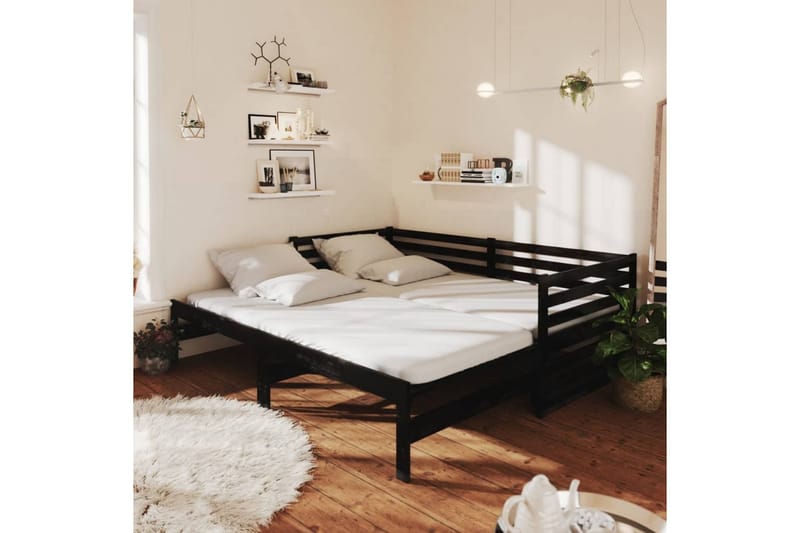 Uttrekkbar sengeramme svart heltre furu 2x(90x200) cm - Svart - Møbler - Sofaer - Dagsenger