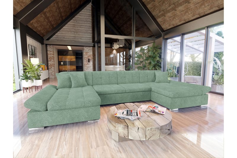 Dewitt Sovesofa med Dobbel Sjeselong 4-seter i Bouclé - Grønn - Møbler - Sofaer - Sovesofaer
